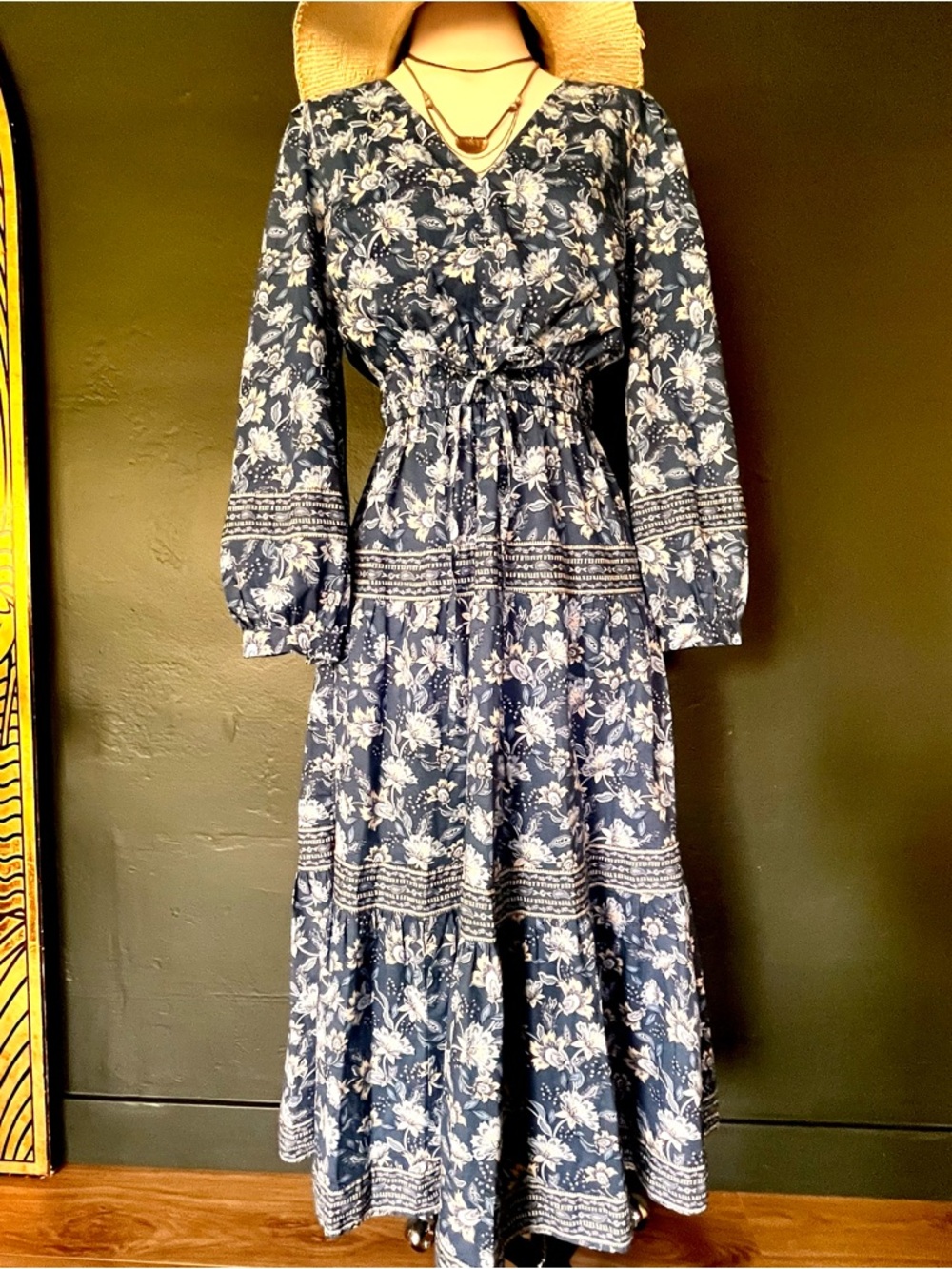 LOFT Long Sleeve Navy Floral Cottage Core Maxi Dress, Sz. S